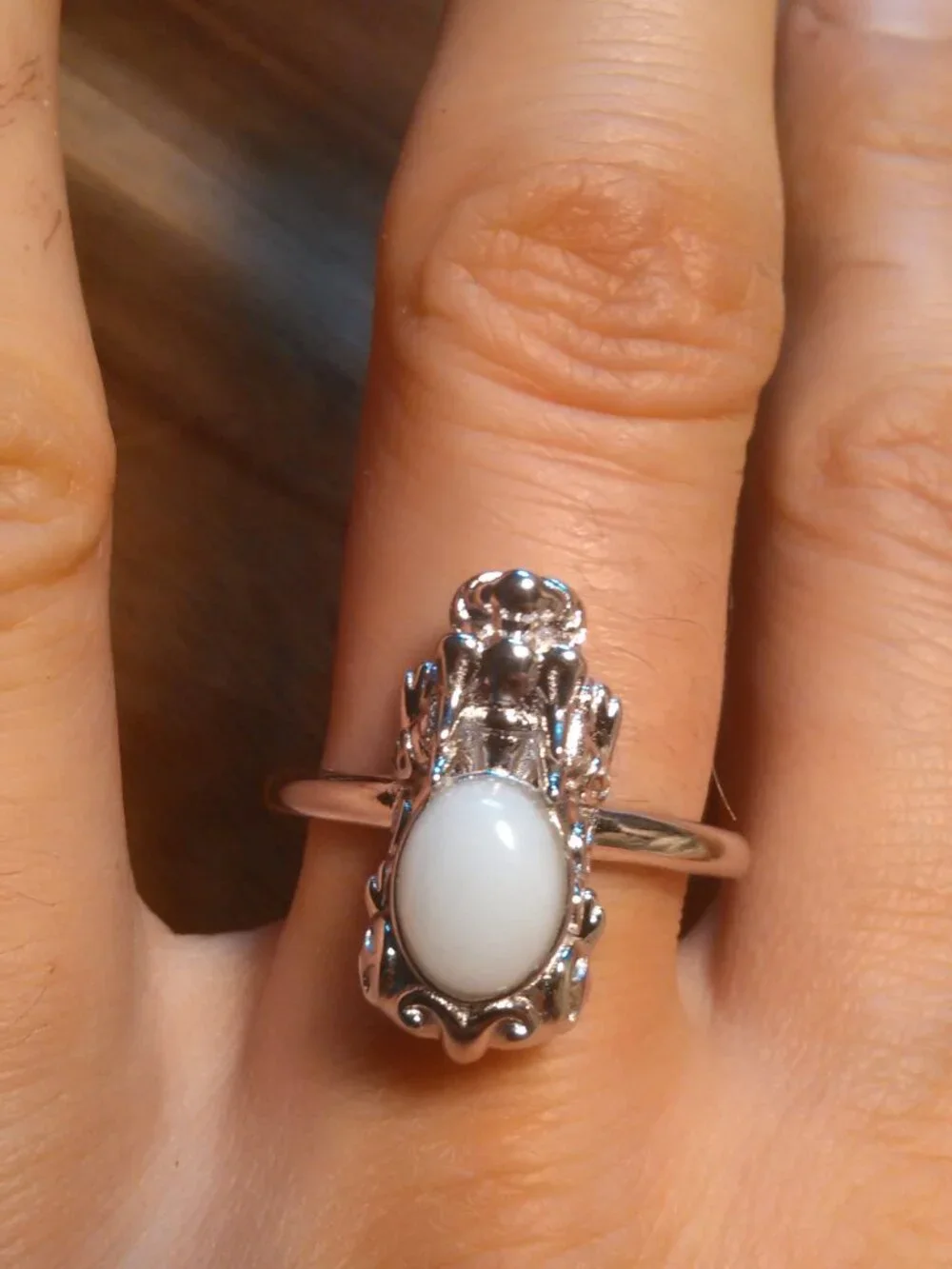 Natural White Jade Sterling Silver Dragon Ring (Size 10)